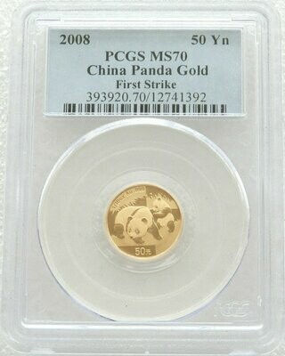 2008 China Panda 50 Yuan Gold 1/10oz Coin PCGS MS70 First Strike
