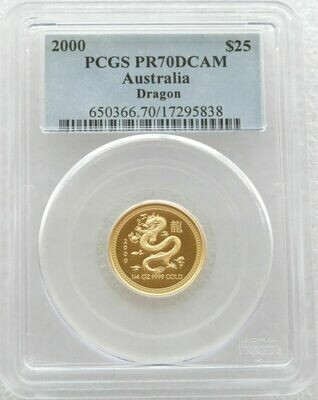 2000 Australia Lunar Dragon $25 Gold Proof 1/4oz Coin PCGS PR70 DCAM