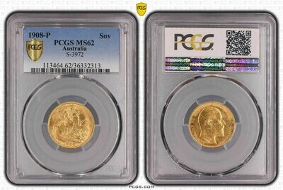 1908-P Australia Perth Edward VII Full Sovereign Gold Coin PCGS MS62