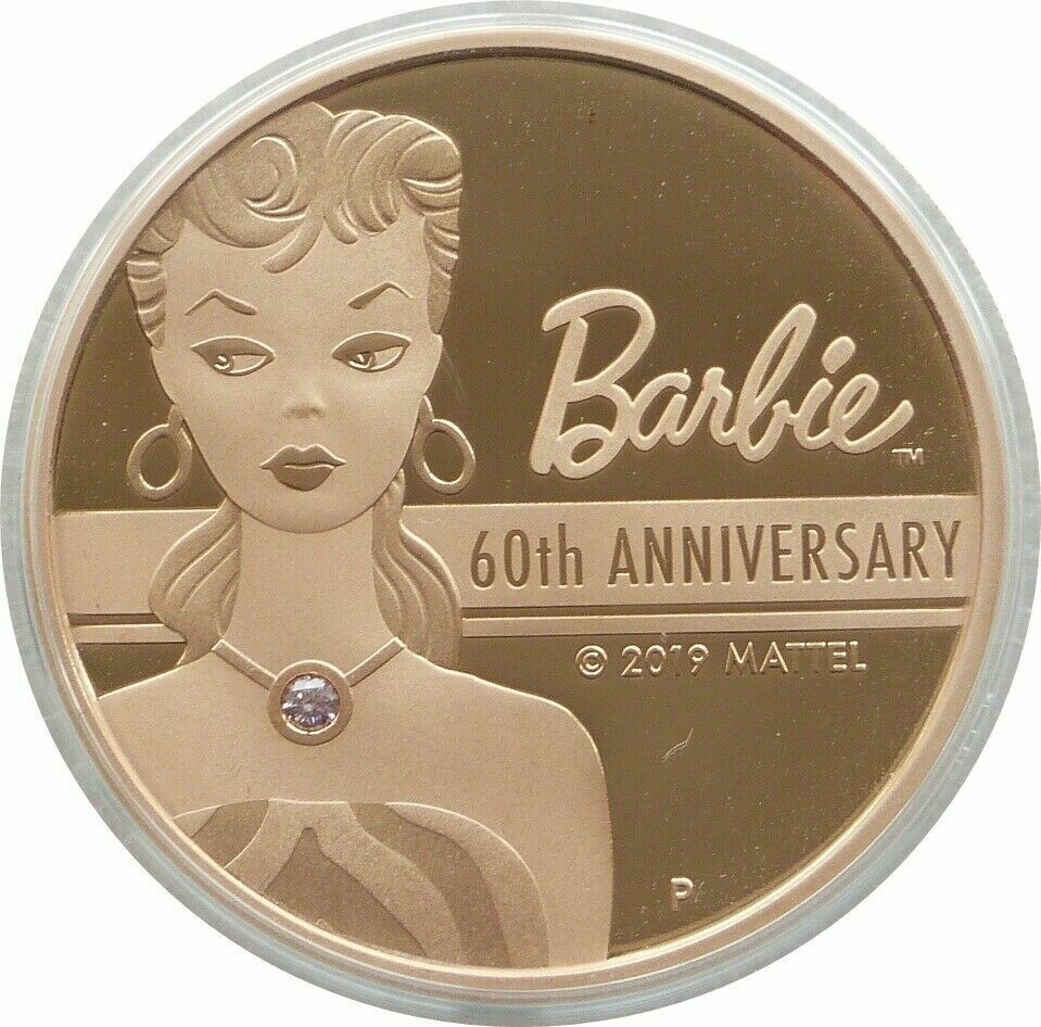 2019 Tuvalu Mattel Barbie 60th Anniversary Argyle Pink Diamond $500 Gold  Proof 2oz Coin Box Coa