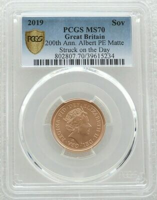2019 Struck on the Day Birth of Prince Albert Full Sovereign Gold Matte Coin PCGS MS70 - Plain Edge