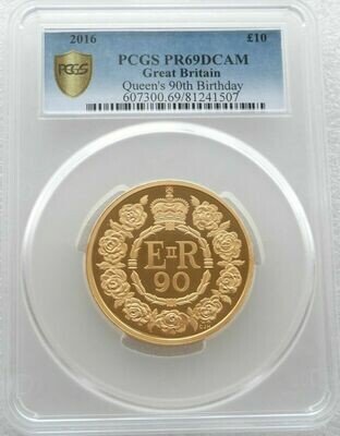2016 Queens 90th Birthday £10 Gold Proof 5oz Coin PCGS PR69 DCAM