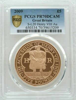 2009 King Henry VIII Accession £5 Gold Proof Coin PCGS PR70 DCAM