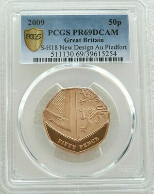 2009 Royal Shield of Arms Piedfort 50p Gold Proof Coin PCGS PR69 DCAM