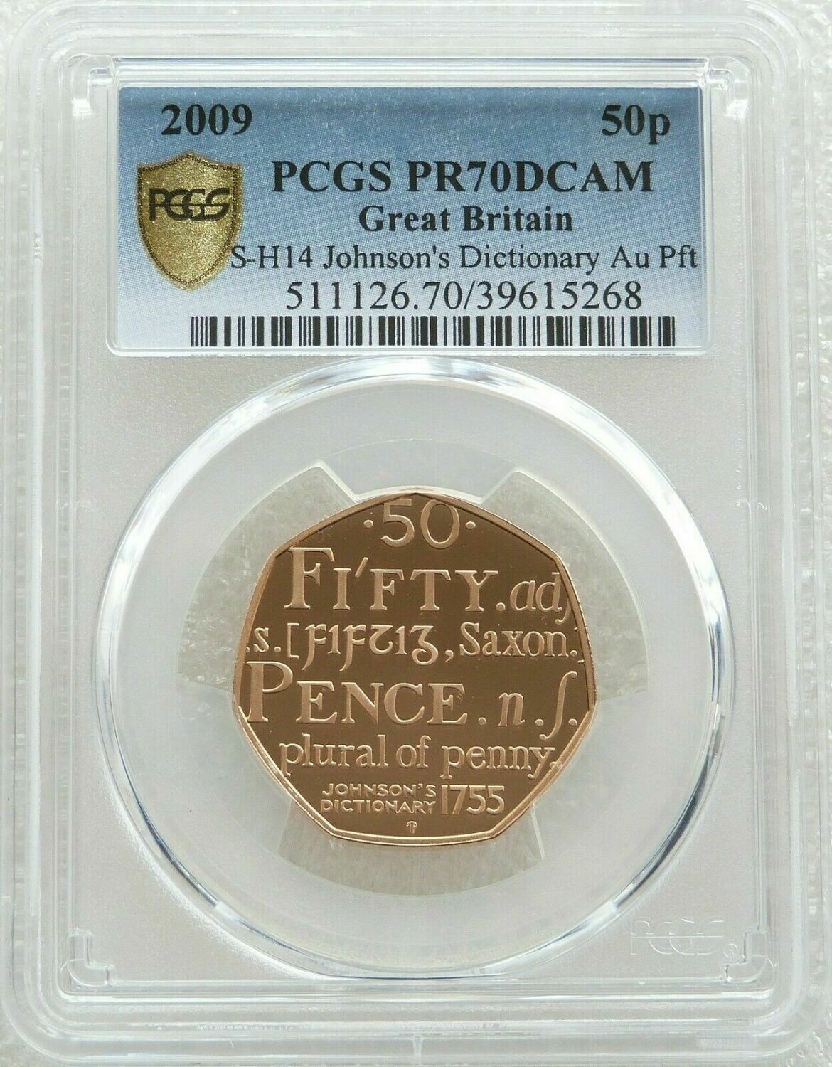 2009 Dictionary Piedfort 50p Gold Proof Coin PCGS PR70 DCAM