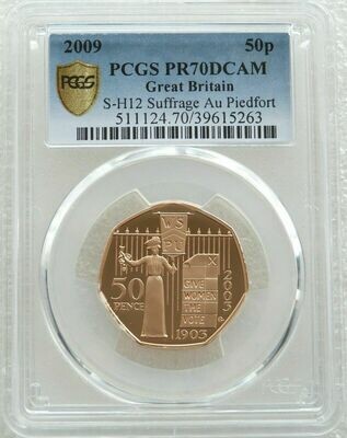 2009 Suffragettes Piedfort 50p Gold Proof Coin PCGS PR70 DCAM