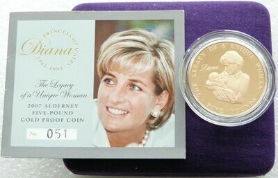 2007 Alderney Lady Diana £5 Gold Proof Coin Box Coa