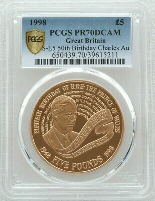 1998 Prince Charles of Wales £5 Gold Proof Coin PCGS PR70 DCAM