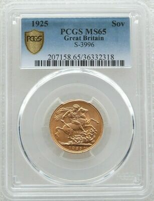 1925 George V Bare Head Full Sovereign Gold Coin PCGS MS65