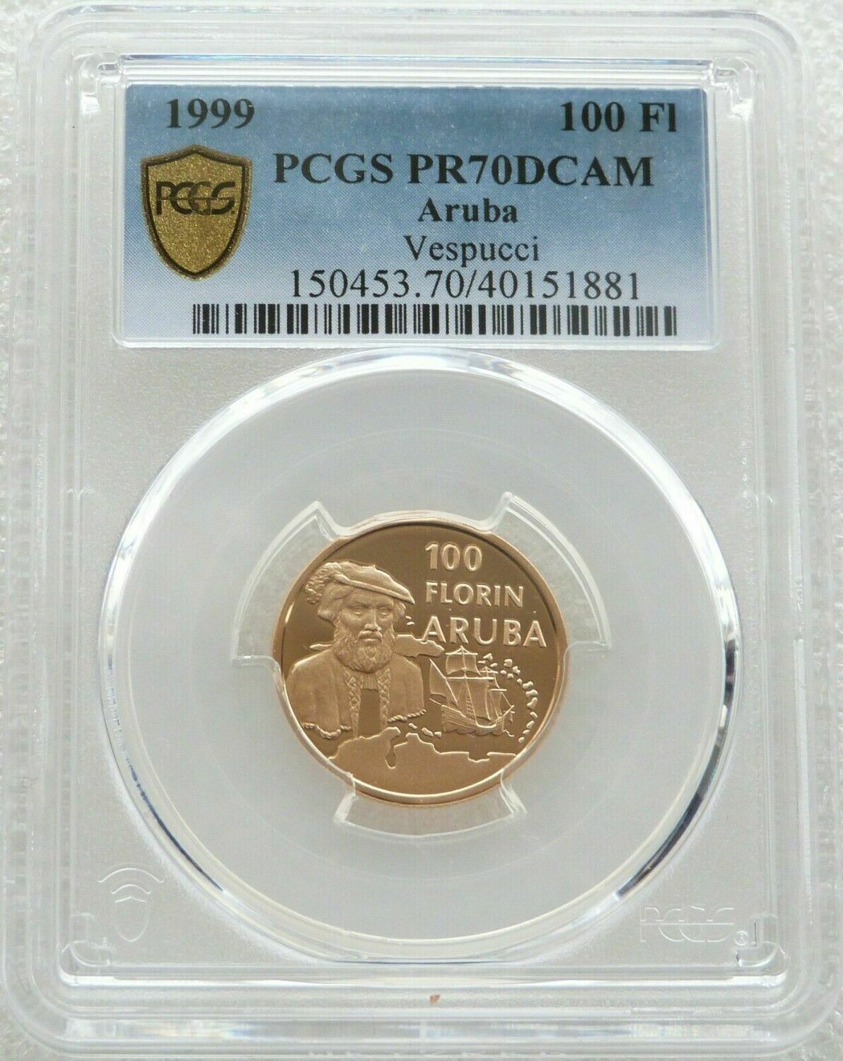 1999 Aruba Vespucci 100 Florin Gold Proof Coin PCGS PR70 DCAM