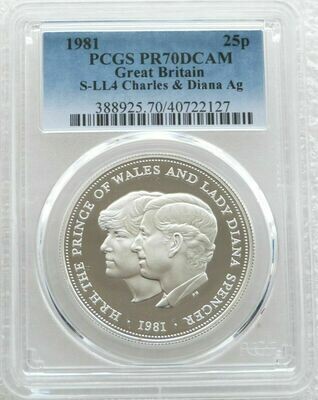 1981 Royal Wedding Prince Charles Lady Diana 25p Silver Proof Crown Coin PCGS PR70 DCAM