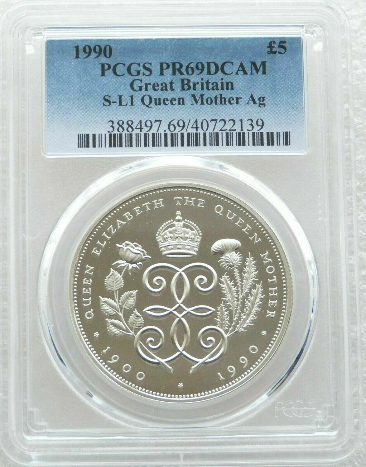 1990 Queen Mother 90th Birthday £5 Silver Proof Coin PCGS PR69 DCAM