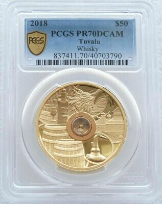 2018 Tuvalu Whisky High Relief $50 Gold Proof 2oz Coin PCGS PR70 DCAM
