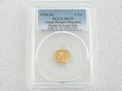1994-LD China Large Date Panda 5 Yuan Gold 1/20oz Coin PCGS MS70