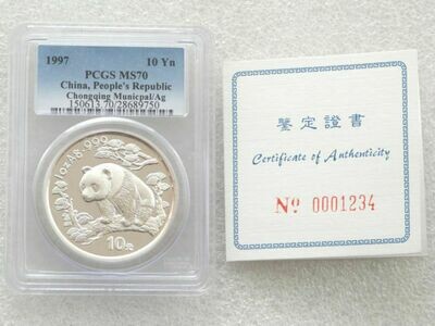 1997 China Chongquing Panda 10 Yuan Silver 1oz Coin PCGS MS70