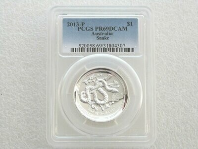 2013-P Australia Lunar Snake High Relief $1 Silver Proof 1oz Coin PCGS PR69