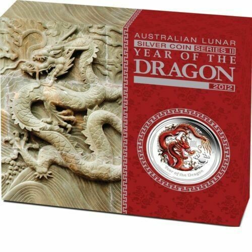 2012-P Australia Lunar Dragon Colour 50c Silver Proof 1/2oz Coin Box Coa