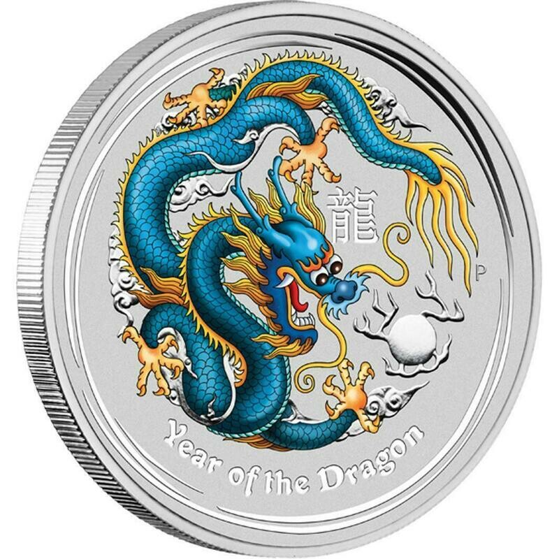 2012-P Australia Lunar Dragon ANDA Blue $1 Silver 1oz Coin Box Coa