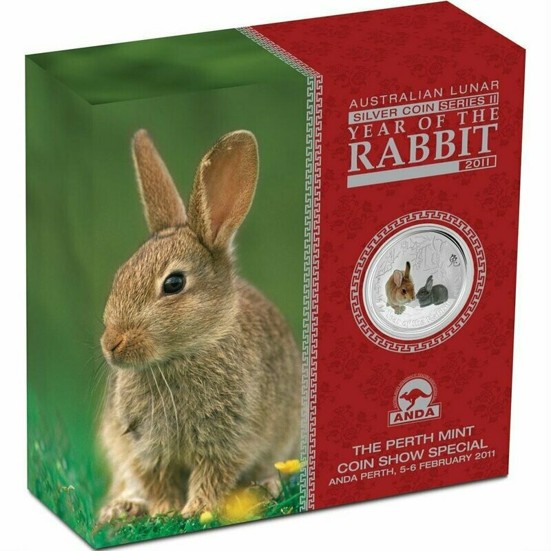 2011-P Australia Lunar Rabbit Colour $2 Silver 2oz Coin Box Coa