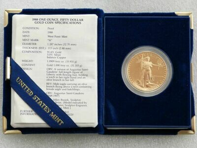 1988-W American Eagle $50 Gold Proof 1oz Coin Box Coa