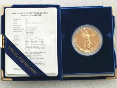 1986-W American Eagle $50 Gold Proof 1oz Coin Box Coa