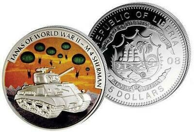 2008 Liberia Tanks of World War II American M4 Sherman $5 Silver Proof Coin