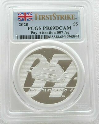 2020 James Bond Pay Attention 007 £5 Silver Proof 2oz Coin PCGS PR69 DCAM First Strike