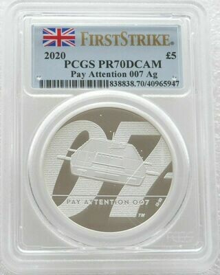 2020 James Bond Pay Attention 007 £5 Silver Proof 2oz Coin PCGS PR70 DCAM First Strike