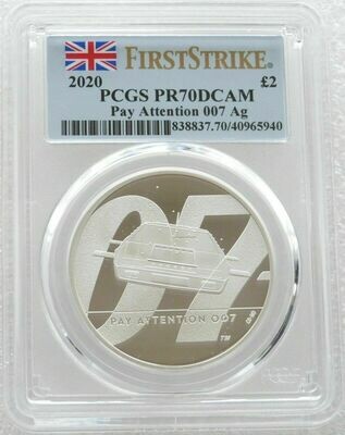 2020 James Bond Pay Attention 007 £2 Silver Proof 1oz Coin PCGS PR70 DCAM First Strike