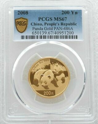 2008 China Panda 200 Yuan Gold 1/2oz Coin PCGS MS67