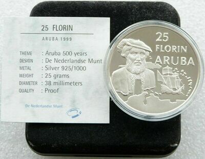1999 Aruba Vespucci 25 Florin Silver Proof Coin Box Coa
