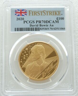 2020 Music Legends David Bowie £100 Gold Proof 1oz Coin PCGS PR70 DCAM First Strike