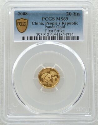 2008 China Panda 20 Yuan Gold 1/20oz Coin PCGS MS69 First Strike