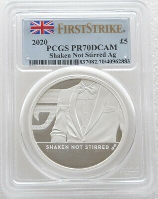2020 James Bond 007 Shaken not Stirred £5 Silver Proof 2oz Coin PCGS PR70 DCAM First Strike