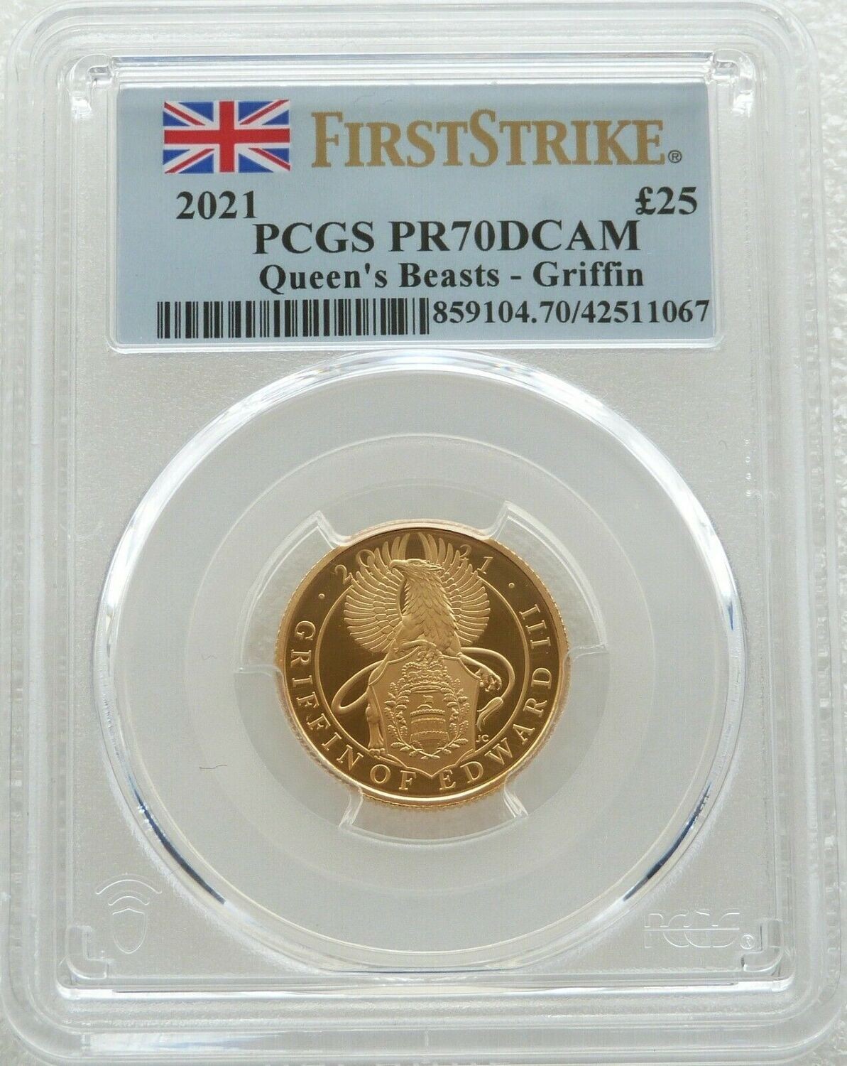 2021 Queens Beasts Griffin of Edward III £25 Gold Proof 1/4oz Coin PCGS PR70 DCAM First Strike