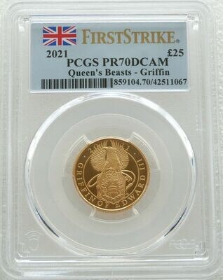 2021 Queens Beasts Griffin of Edward III £25 Gold Proof 1/4oz Coin PCGS PR70 DCAM First Strike