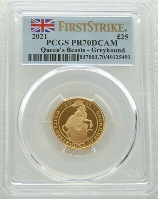 2021 Queens Beasts White Greyhound of Richmond £25 Gold Proof 1/4oz Coin PCGS PR70 DCAM First Strike