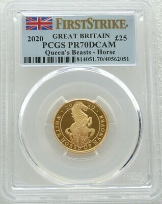 2020 Queens Beasts White Horse of Hanover £25 Gold Proof 1/4oz Coin PCGS PR70 DCAM First Strike