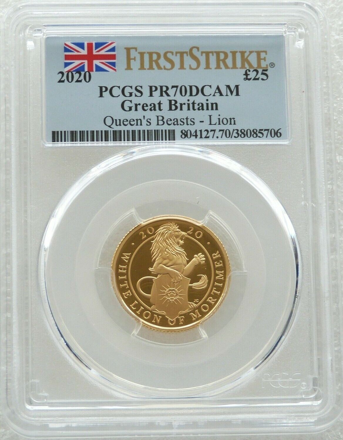 2020 Queens Beasts White Lion of Mortimer £25 Gold Proof 1/4oz Coin PCGS PR70 DCAM First Strike