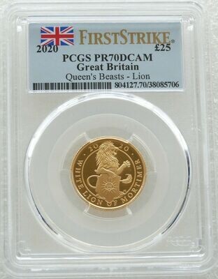 2020 Queens Beasts White Lion of Mortimer £25 Gold Proof 1/4oz Coin PCGS PR70 DCAM First Strike