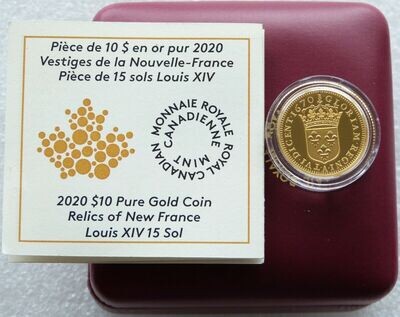 2020 Canada Relics of New France Louis XIV $10 Gold Proof 1/4oz Coin Box Coa