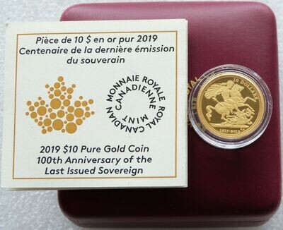 2019 Canada Last Sovereign $10 Gold Proof 1/4oz Coin Box Coa