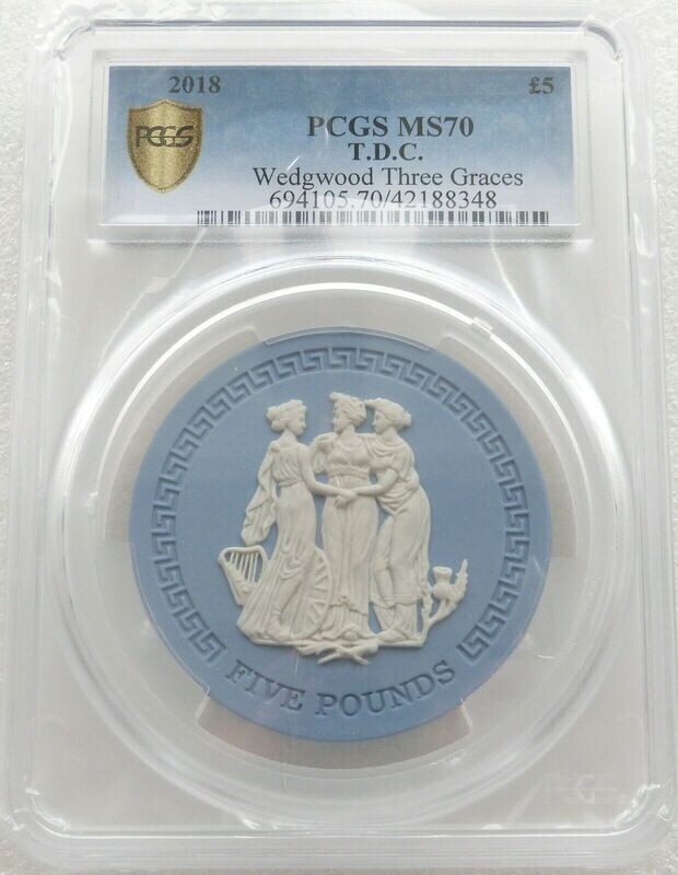 2018 Tristan Da Cunha Wedgwood Jasperware Three Graces £5 Coin PCGS MS70