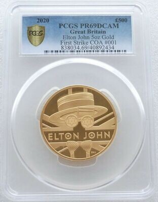 2020 Music Legends Elton John £500 Gold Proof 5oz Coin PCGS PR69 DCAM First Strike Cert 01