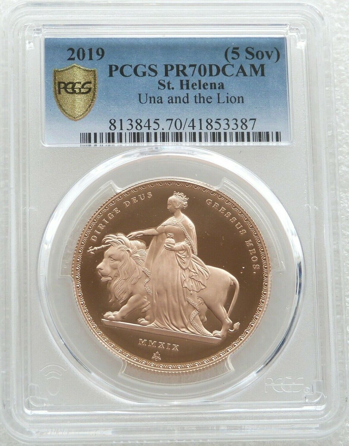 2019 Saint Helena Una and the Lion £5 Sovereign Gold Proof Coin PCGS PR70 DCAM