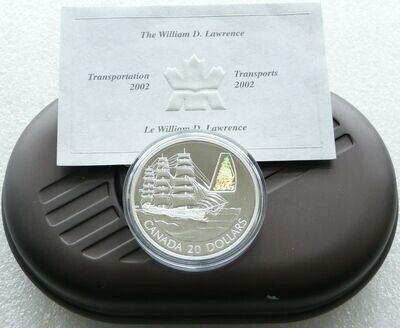 2002 Canada Transportation William D Lawrence Hologram $20 Silver Proof Coin Box Coa