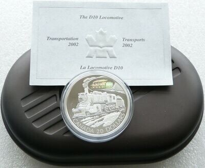 2002 Canada Transportation Locomotive D10 Hologram $20 Silver Proof Coin Box Coa