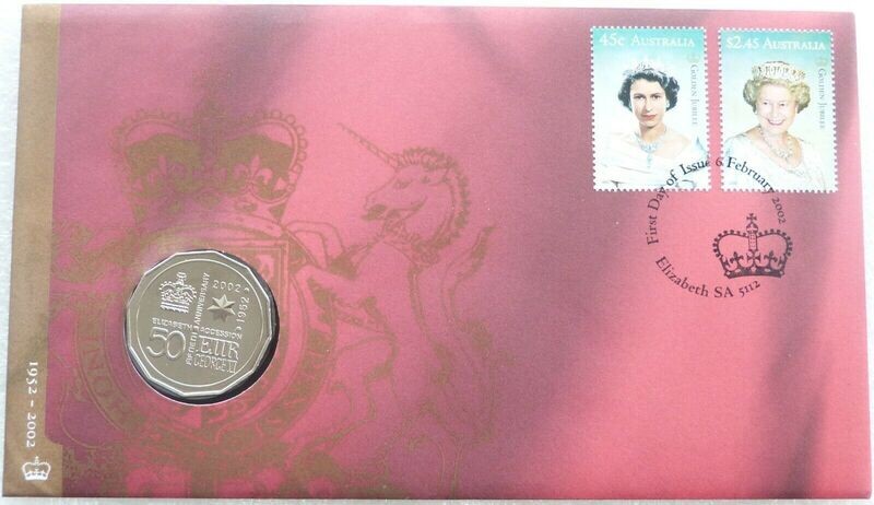 2002 Australia Golden Jubilee Queens Accession 50c Uncirculated Coin First Day Cover 2002 Australia Golden Jubilee Queens Accession 50c Uncirculated Coin First Day Cover