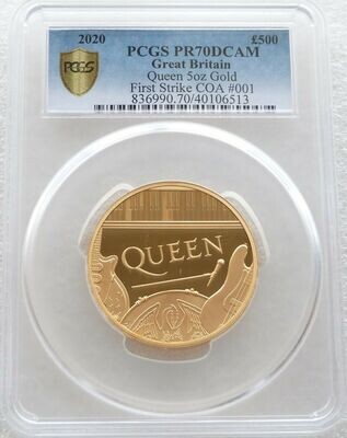 2020 Music Legends Queen £500 Gold Proof 5oz Coin PCGS PR70 DCAM First Strike Cert 01