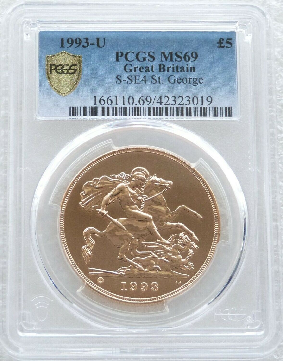 1993-U St George and the Dragon £5 Sovereign Gold Coin PCGS MS69